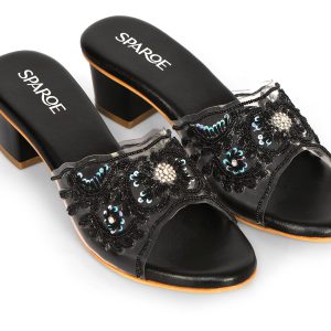 Sparoe Embroidered Block Heel Slip-On Sandals - Black
