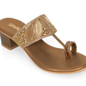 Women’s Copper / Rose Gold Embroidered Block Heel Sandals | Ethnic Toe-Ring Slip-On Heels | Festive & Wedding Wear Footwear